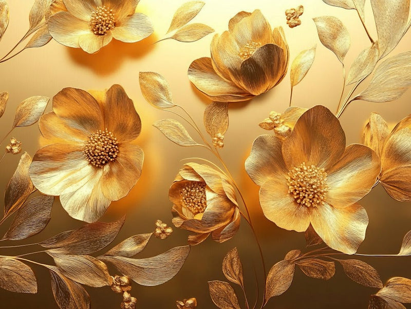 4k Golden Floral Background, Abstract Vintage Flower Design, Artwork Gold Nature