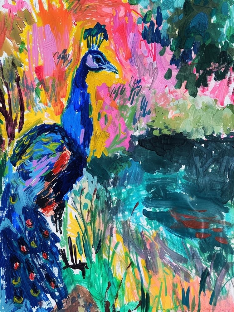 Peacock By The Pond Wild Brushstrokes 1