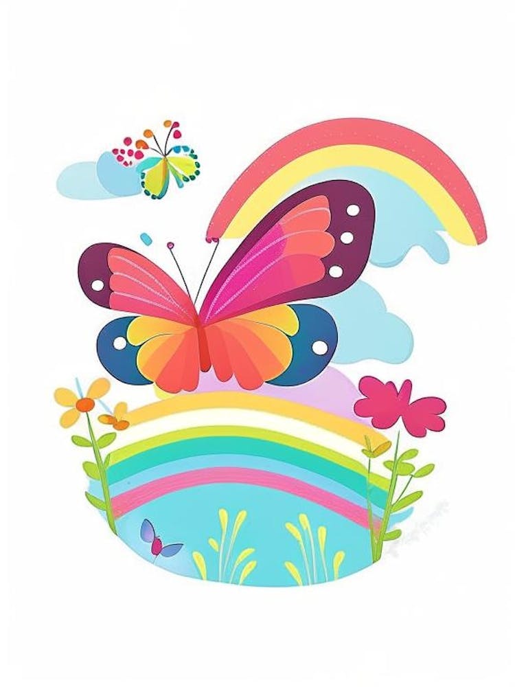 Schmetterling Auf Regenbogen Skandinavischer Cartoon 1