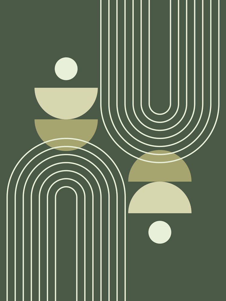Modern Mid Century Sun, Moon Phases and Rainbow Abstract 31 in Forest Sage Green