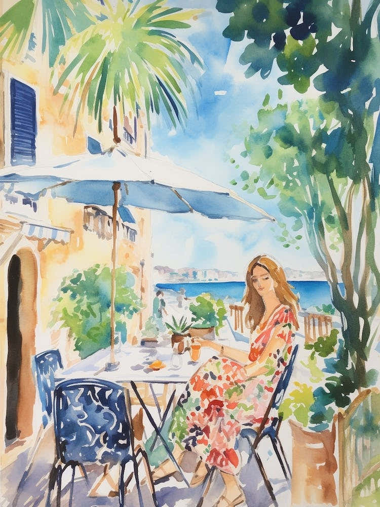 At A Cafe In Hvar Croatia Watercolour