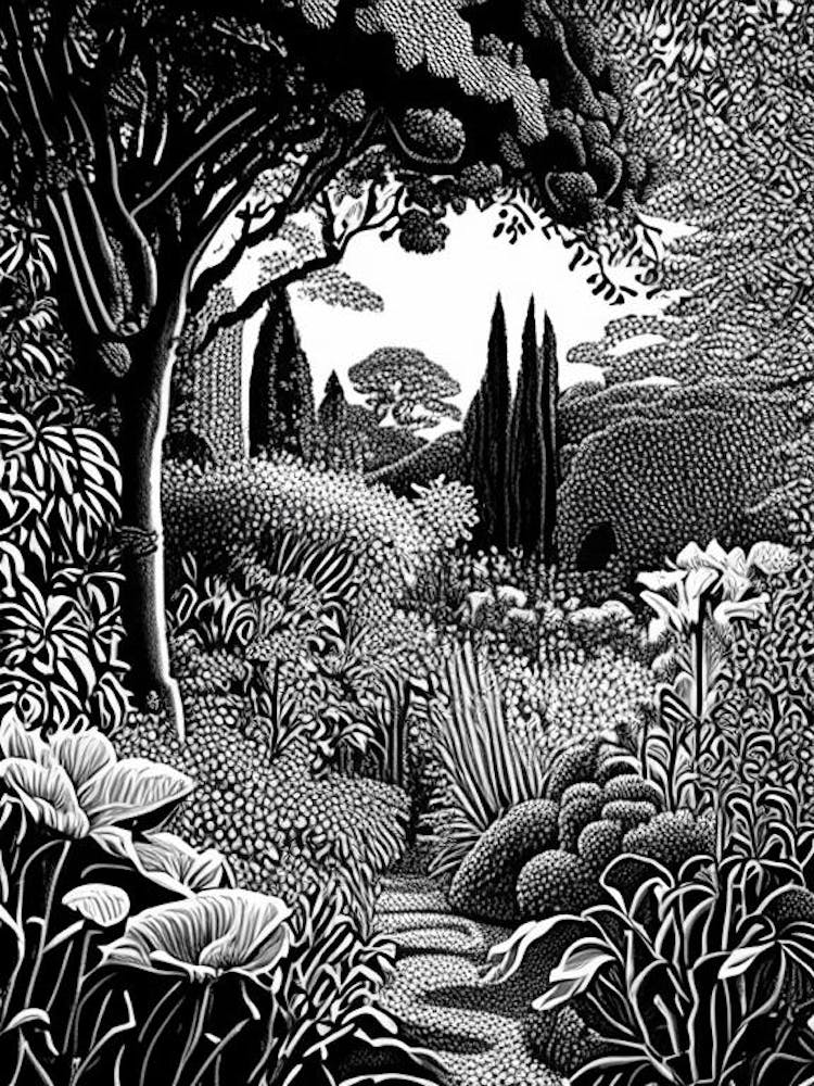 Claude Monet’S Garden, France, 1 Linocut Black And White Vintage