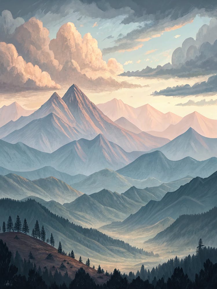 Oil Painting Style Pastel Mountains Under Cloudy