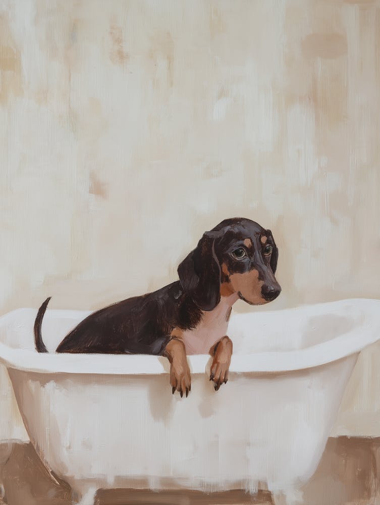 A Painting Of A Dachshund In A Bathtub