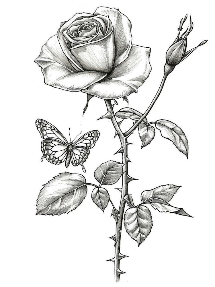 English Rose Butterfly Line Drawing 1