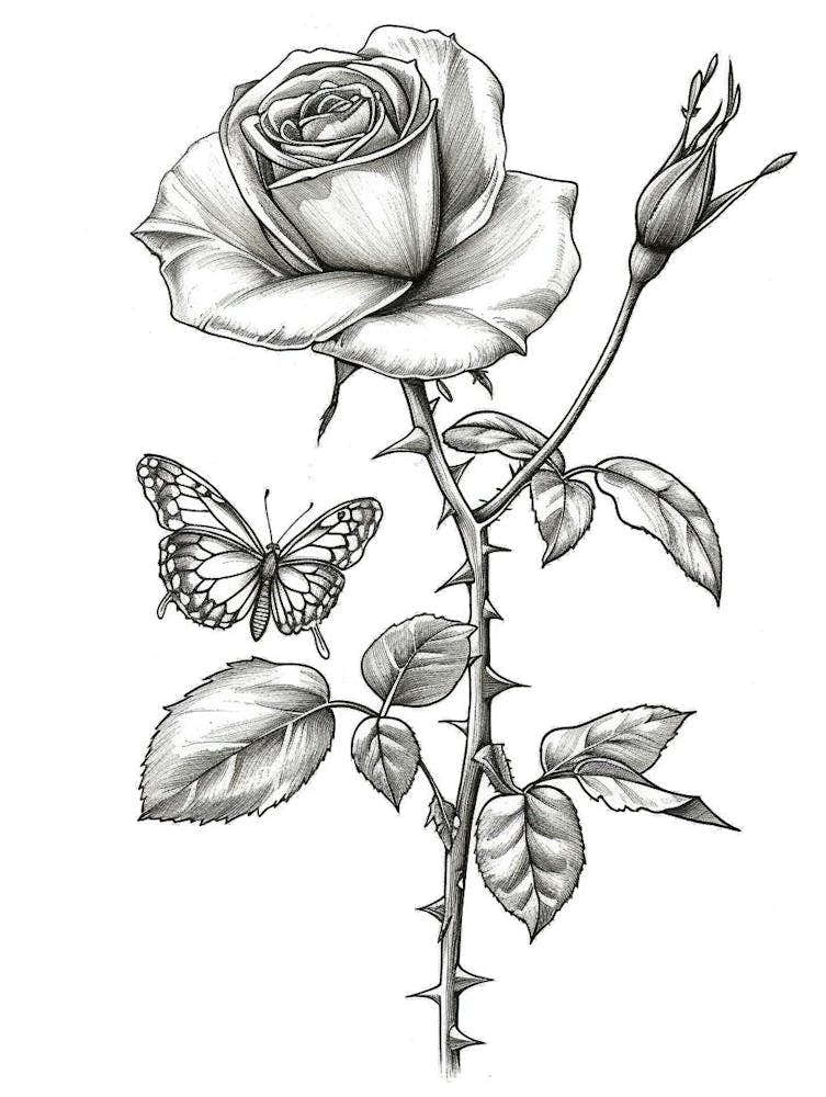 English Rose Butterfly Line Drawing 1