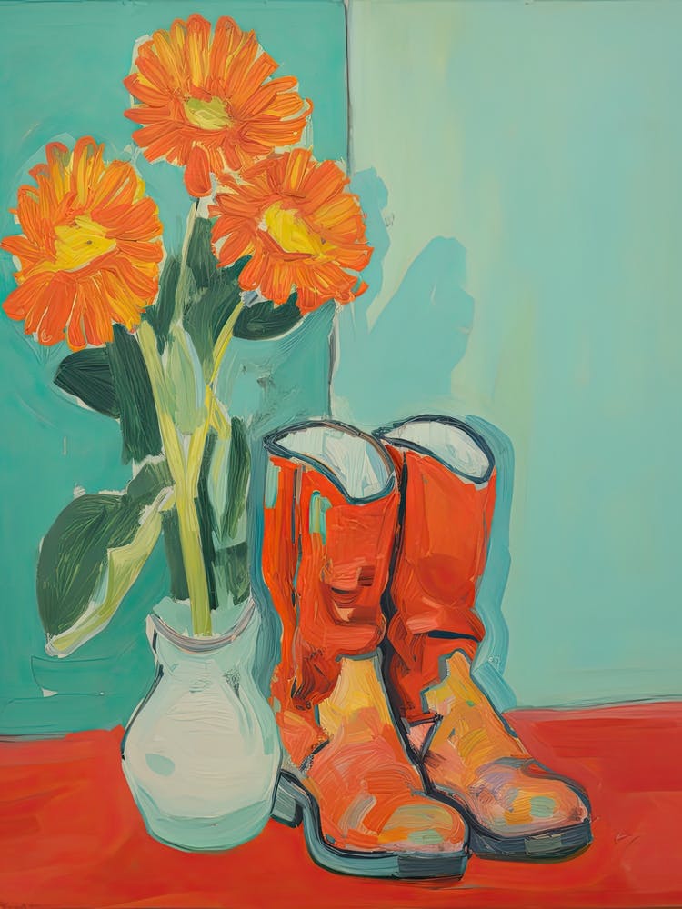 Painting Of Flowers And Cowboy Boots, Oil Style 1