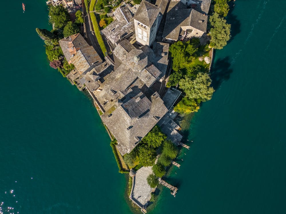 Beautiful island on Lake Orta in Italy. Aerial photography