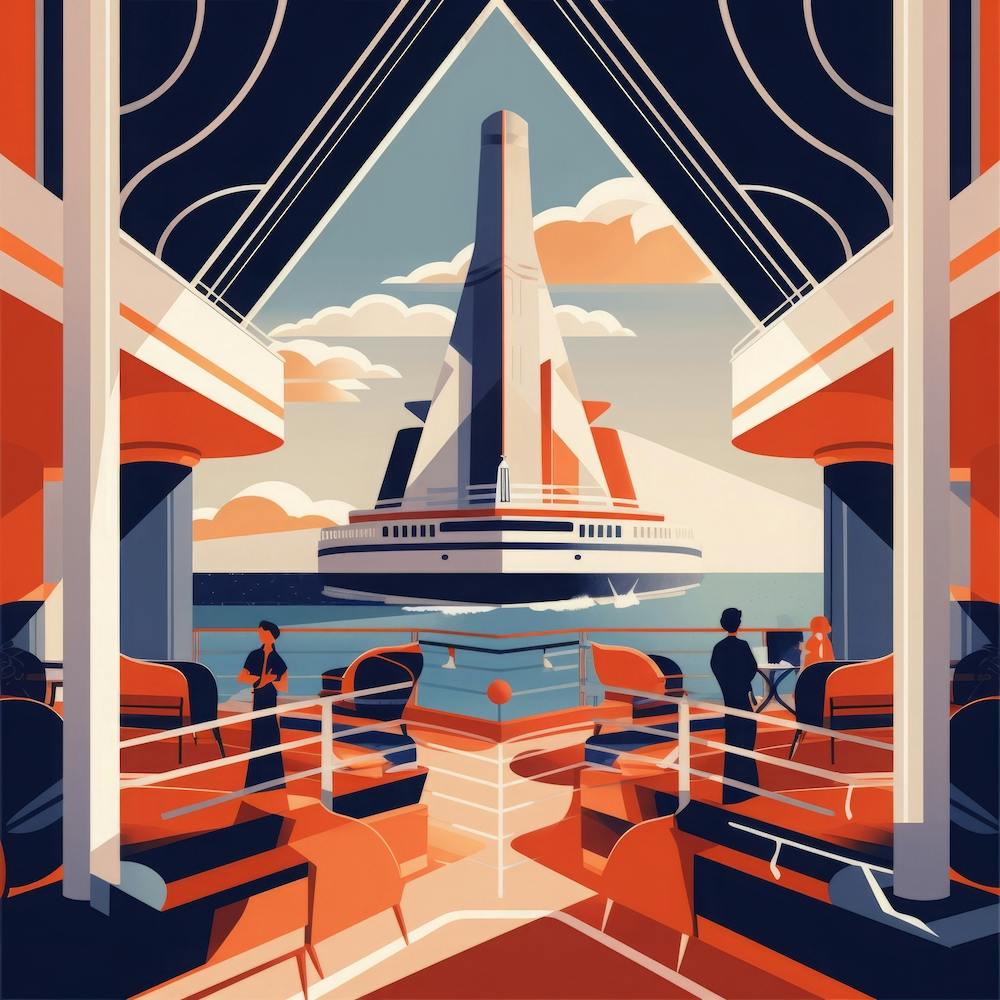 Art Deco-inspired ocean liner sails through the open waters