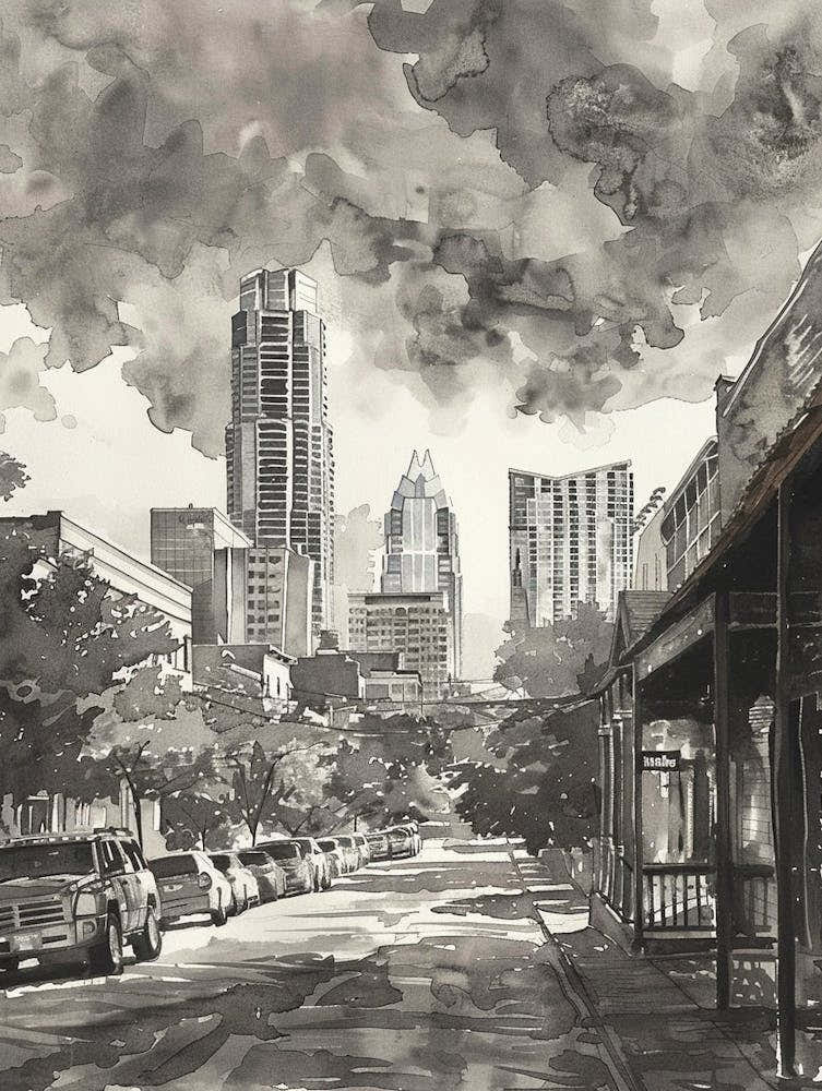 Rainey Street Historic District Austin Texas Black And White Watercolour 1