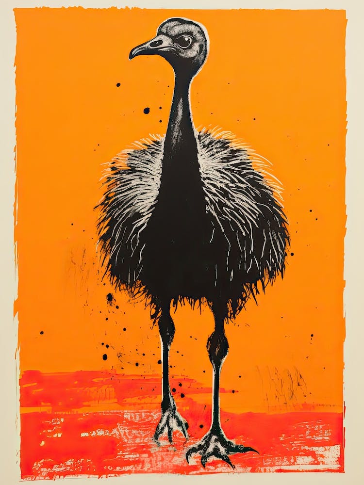 Ostrich, Woodblock Animal Drawing 4