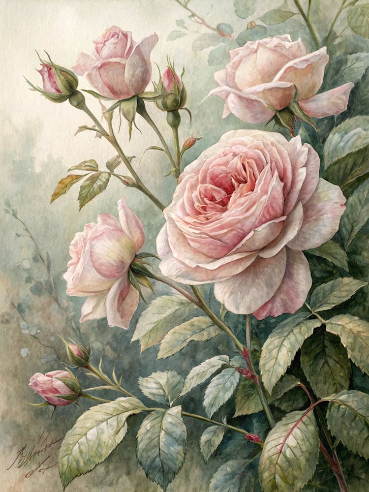 Oil Painting Style Pale Rose And Foliage In Faded
