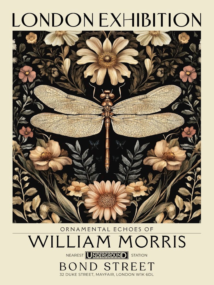 William Morris Dragonfly and floral artwork in Warm earth tones, insect and flower pattern dark academia library Botanical vintage print, living room vintage decor Floral tapestry Victorian nature art 23