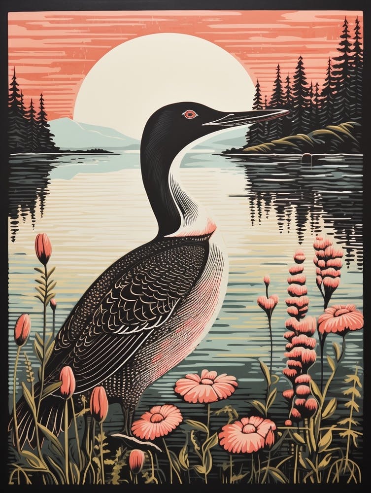 Vintage Bird Linocut Common Loon 2