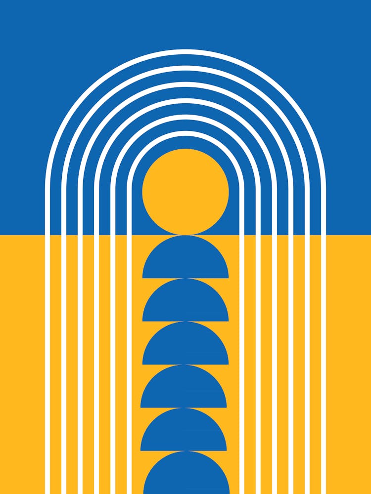 Sunrise Sunset Midcentury Modern Geometric Abstract 4 In French Blue Mustard 01