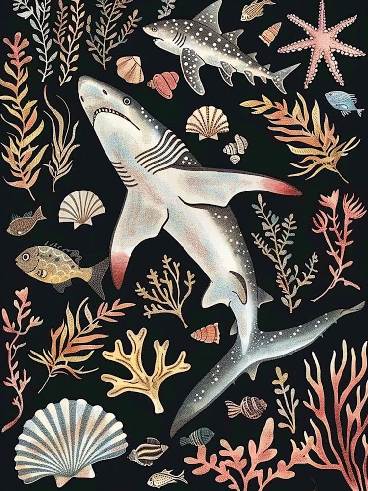 Squatina Genus Shark Seascape Black Background Illustration 1