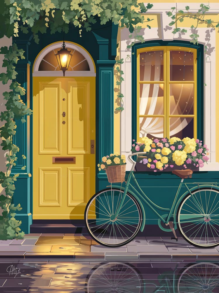 Anime Canvas Art: Charming Yellow House with Teal Bicycle, Flower Boxes, and Rainy Reflections, Perfect for Lofi Aesthetic and Urban Decor Lovers.
