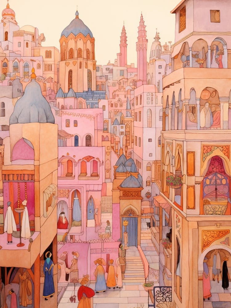 Cairo Egypt 3 Vintage Pink Travel Illustration
