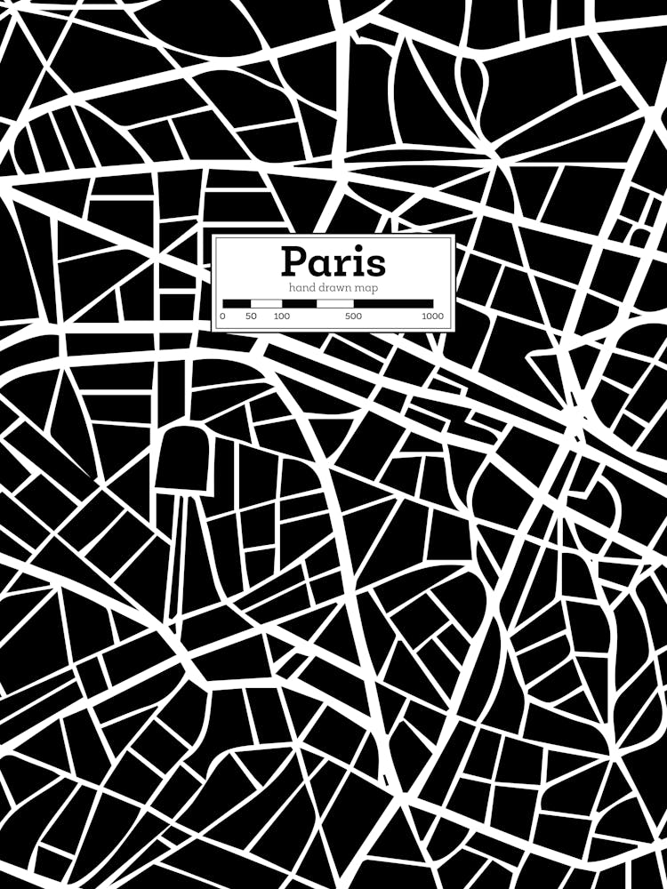 Paris Stadtplan — Handgezeichnete Karte, Vektor Schwarz-Karte