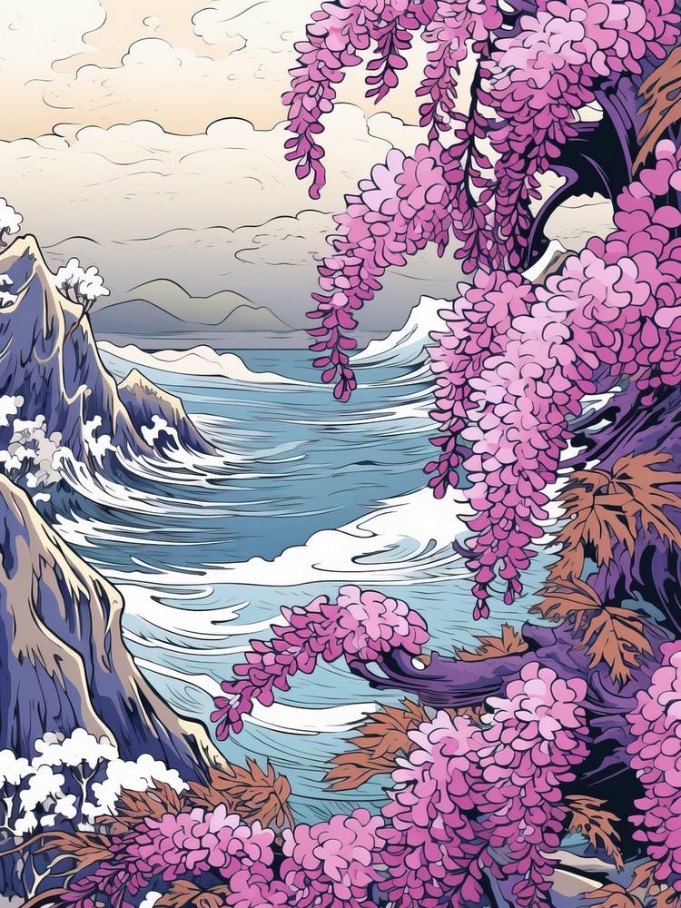 Great Wave With Wisteria Flower Drawing In The Style Of Ukiyo E 1