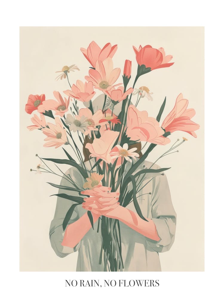 No Rain, No Flowers Poster Spring Girl With Pink Flowers 2