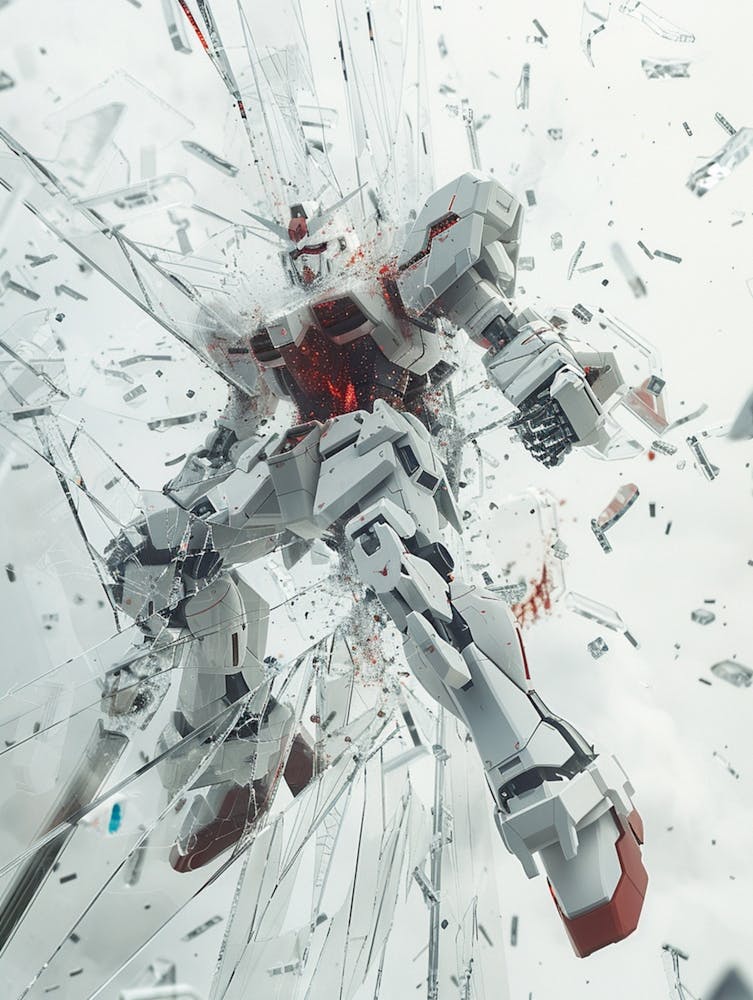 A Gundam Flies Out From A Broken Mirror, And The Exterior Of The Gundam Is Transparent Armor