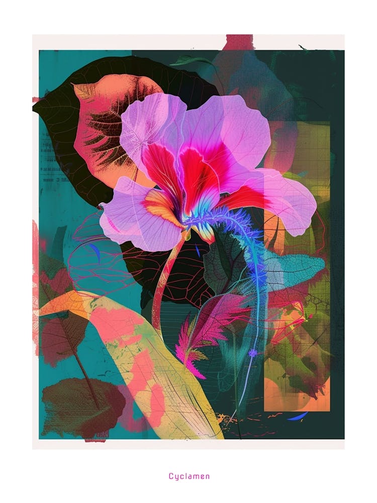 Cyclamen 3 Collage de Fleurs Néon Affiche