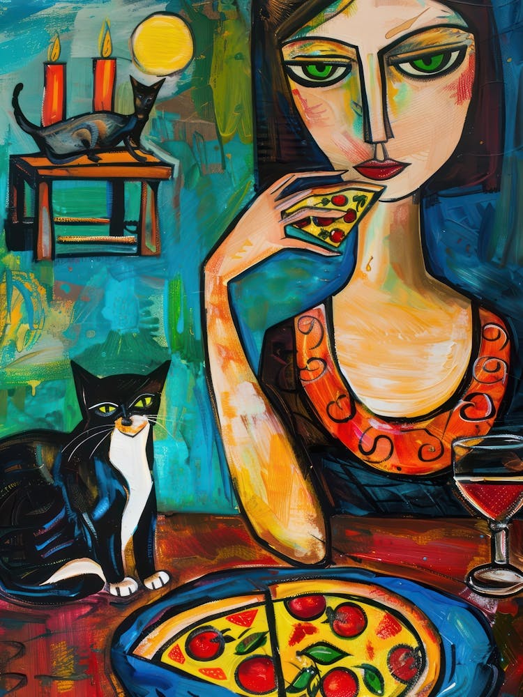 Portrait Of A Woman With Cats Eating Pizza 1
