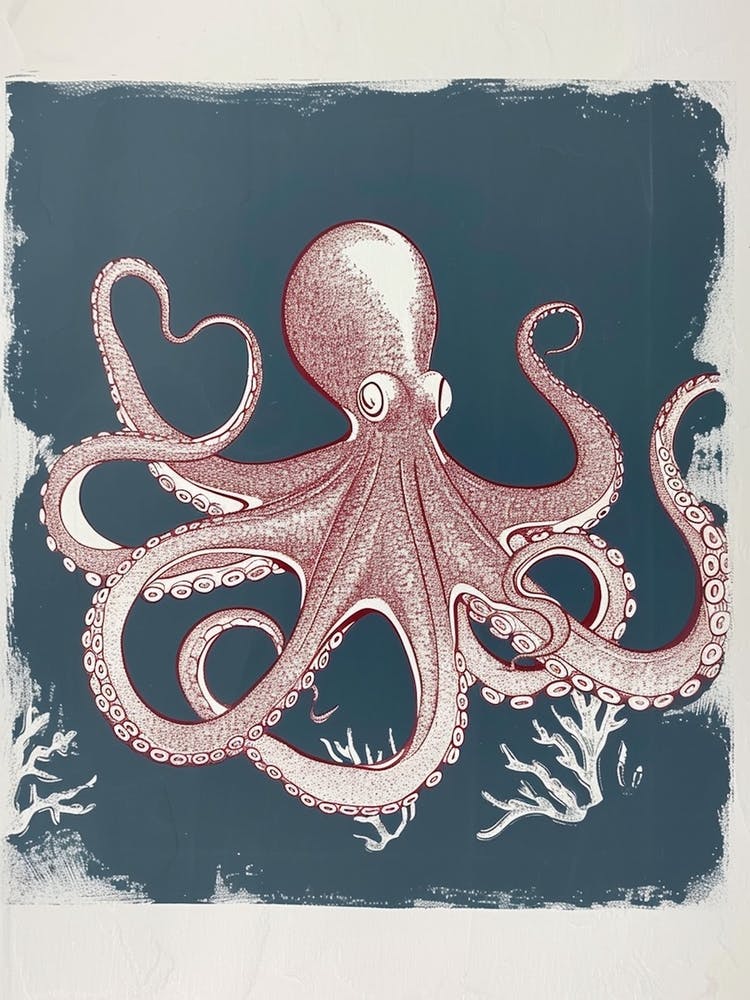 Linocut Inspired Navy Red Octopus With Coral 10