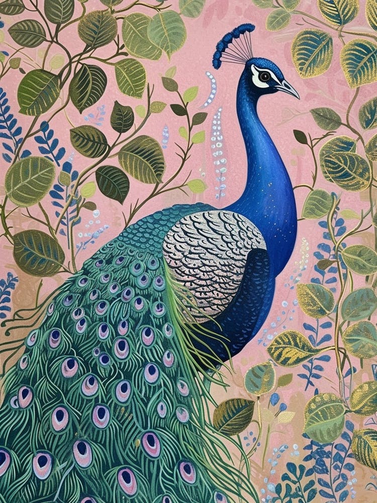 Folky Floral Peacock With The Winding Leaves 2