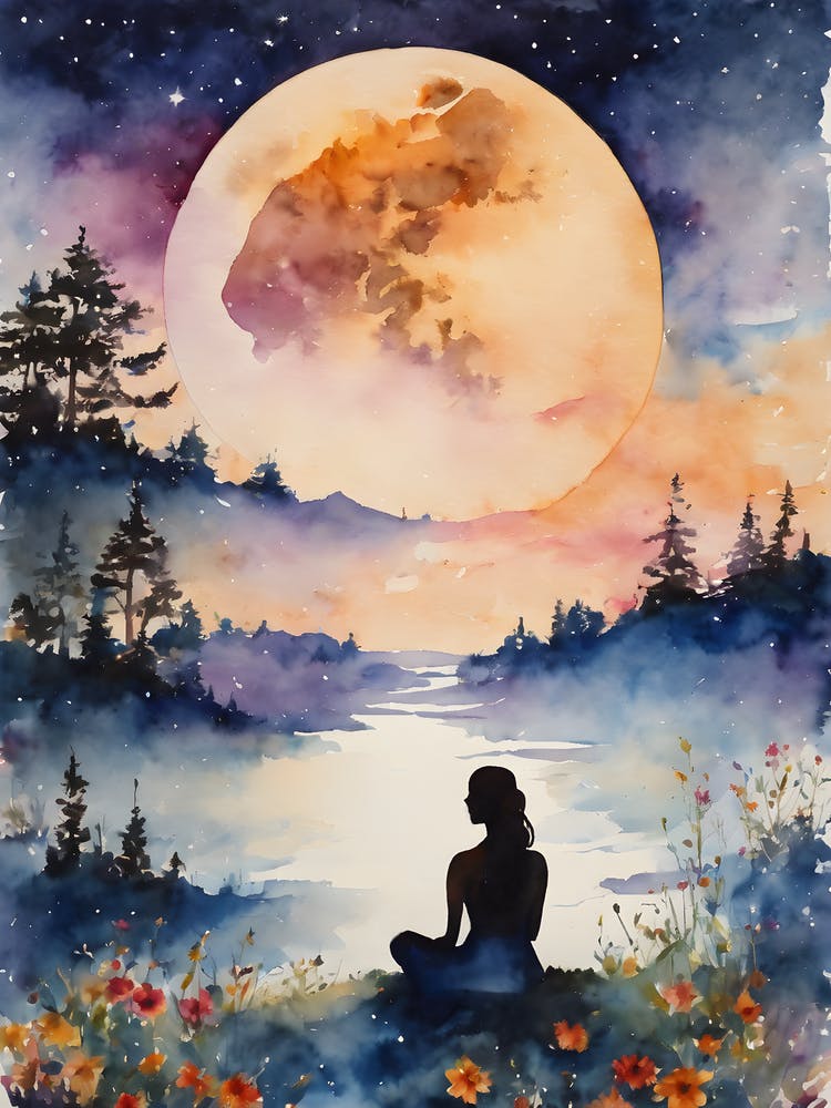 Meditating Woman In The Moonlight - Full Moon Contemplating Serenity Calm Yoga Meditation Spiritual Grounding Heart Open Buddhist Indian Travel Guidance Wisdom Peace Love Witchy Beautiful Watercolor Woman Trees Blue Silhouette