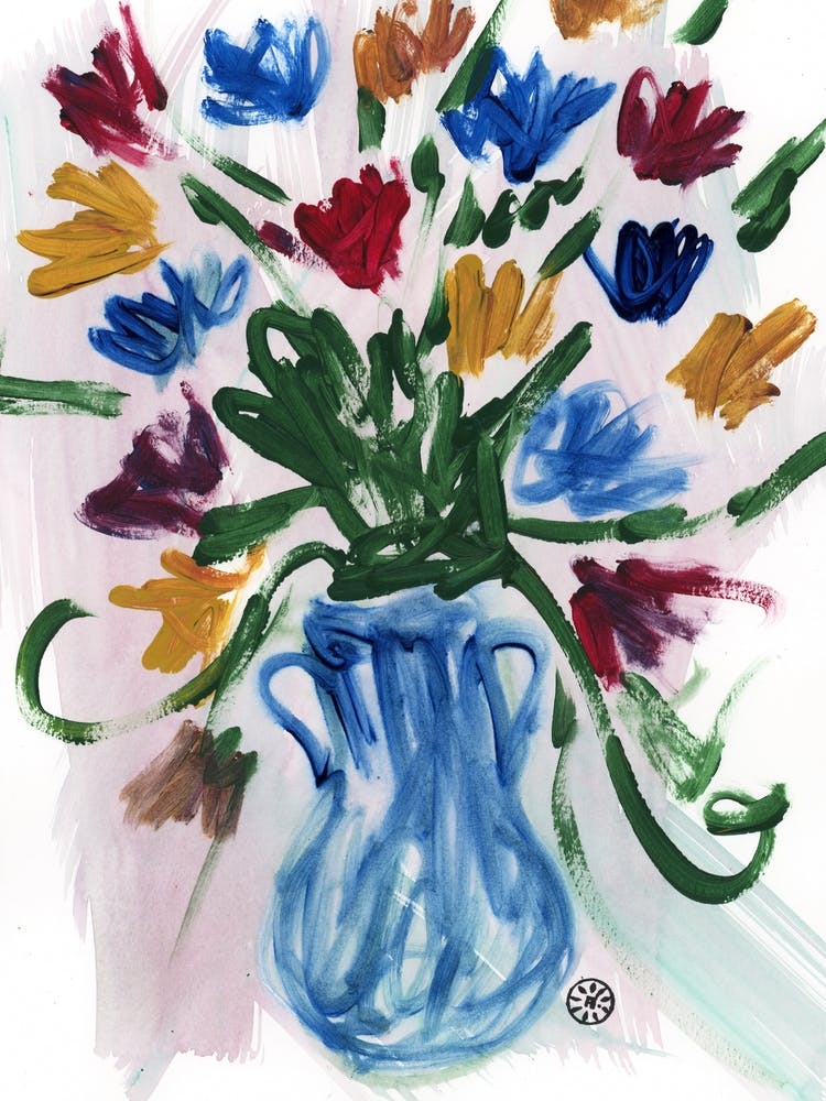 Blumen in einer blauen Vase zeitgenössisch expressiv abstrakt Maximalismus maximalistisch Blumen handgemalt farbenfroh