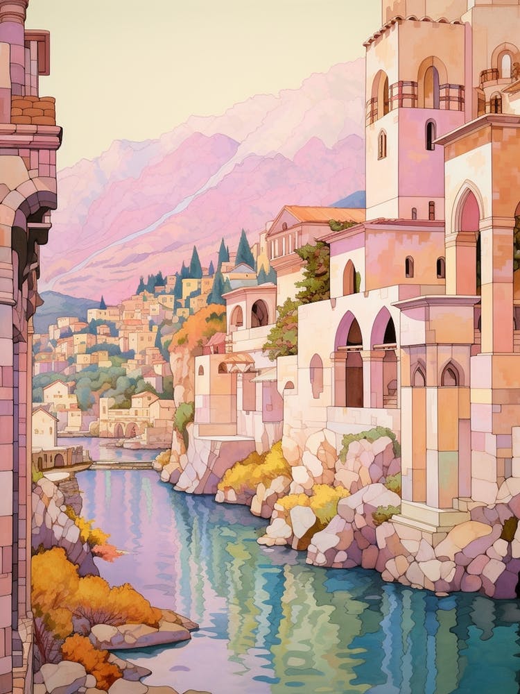 Kotor Montenegro 3 Vintage Pink Travel Illustration