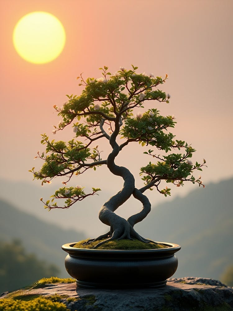 Bonsai Tree At Sunset