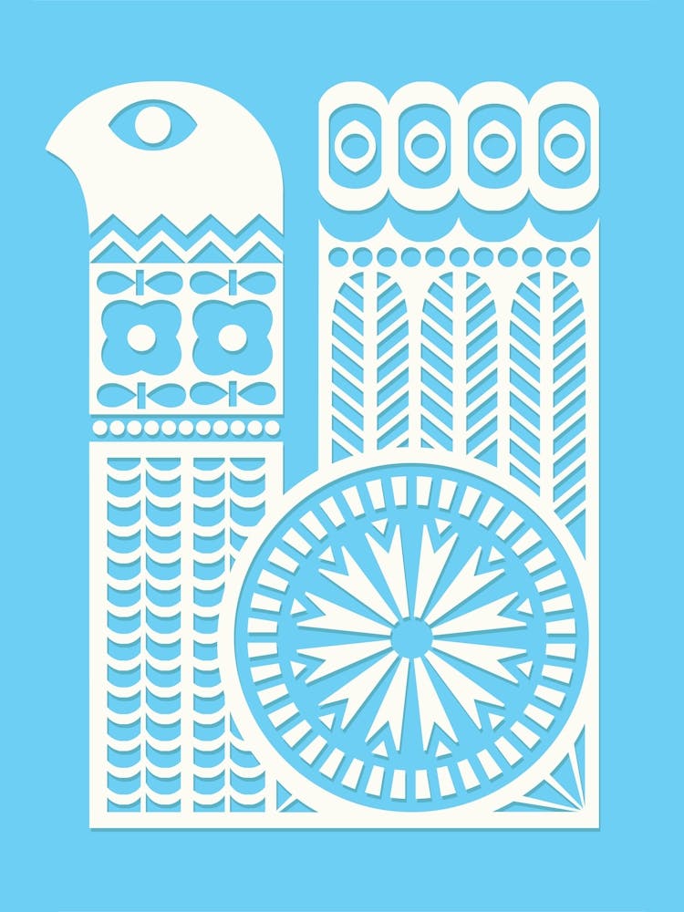 Kinderkunst mit Vogelornament Blau