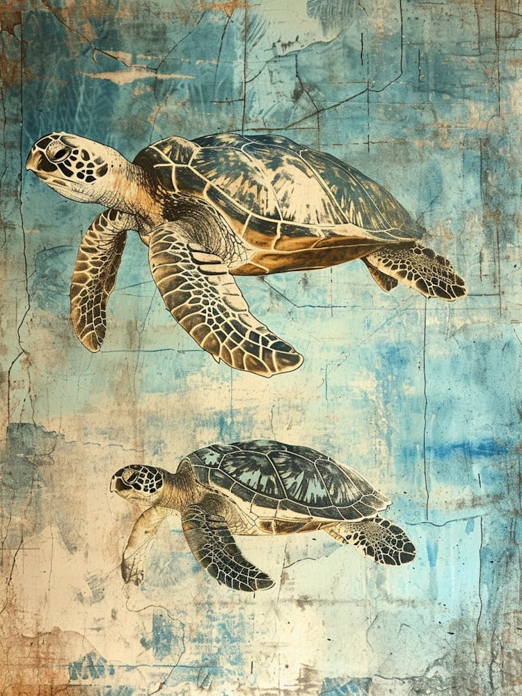 Two Sea Turtles Swimming Textured Collage