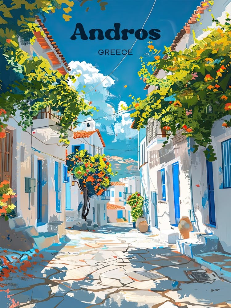 Andros Greece Beautiful Travel Art Illustration
