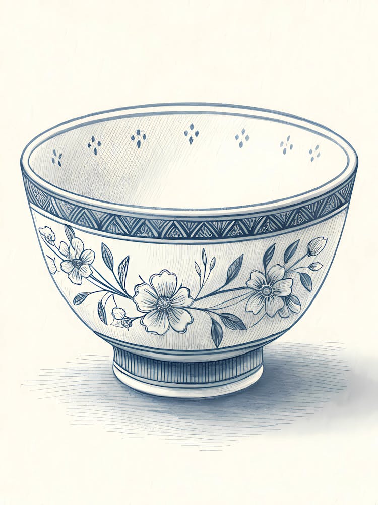 Minimalist Ink Sketch Of Vintage Tea Bowl With E
