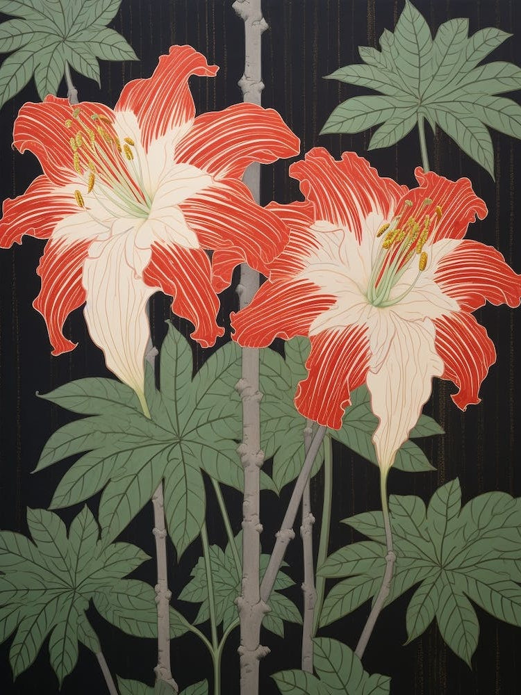 Higanbana Red Spider Lily 3 Vintage Botanical Woodblock