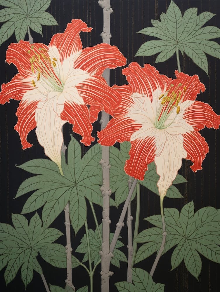 Higanbana Red Spider Lily 3 Vintage Botanical Woodblock