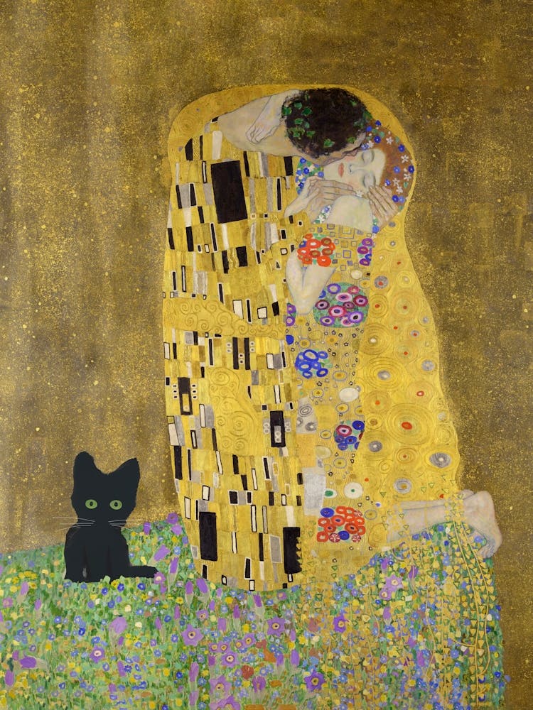 Art The Kiss, Gustav Klimt  Inspired Grey Cat