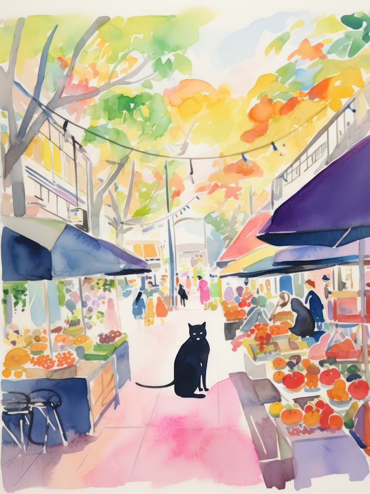 Food Market With Cats In Sydney 3 Watercolour