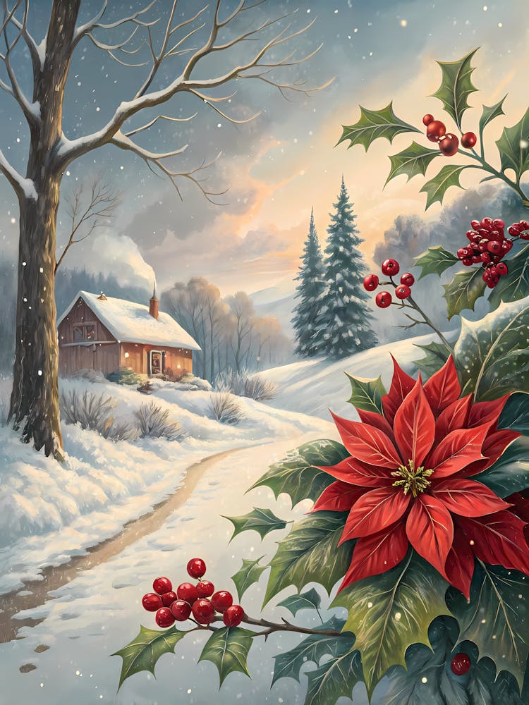 Oil Painting Style Cozy Winter Cottage Christmas Poinsettia & Snowy Landscape