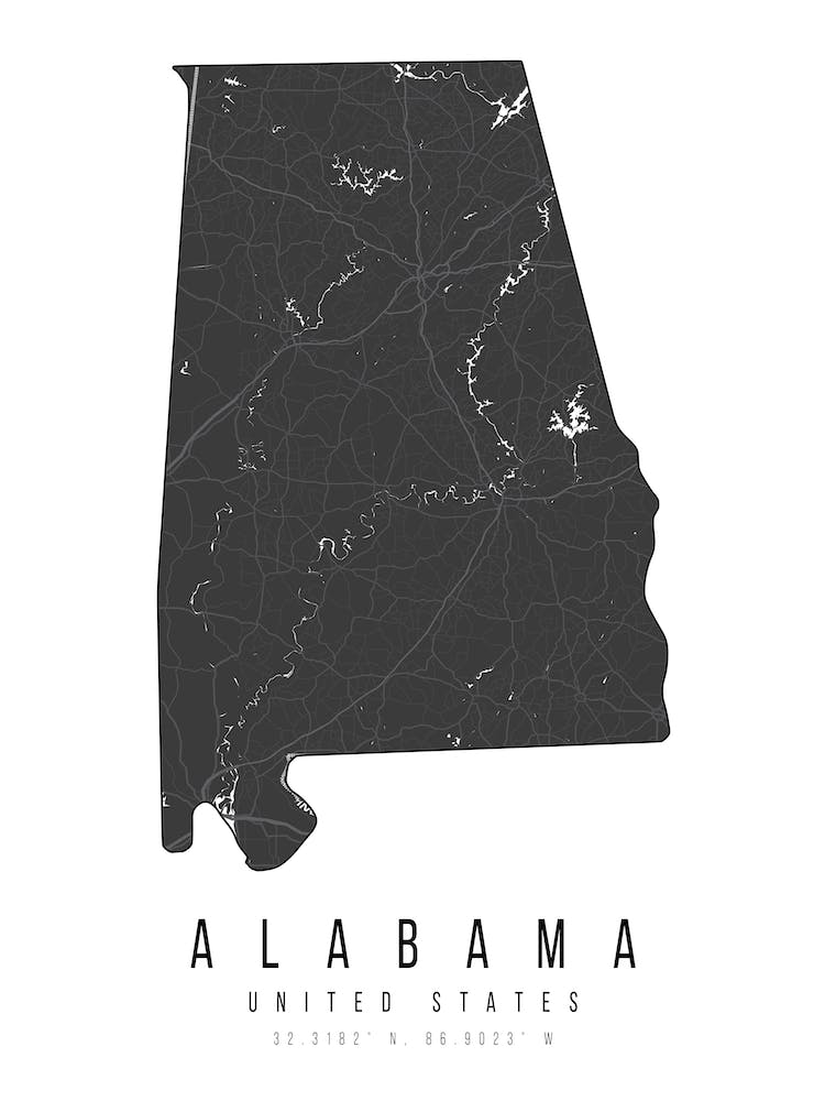 Alabama Mono Black And White Modern Minimal Street Map