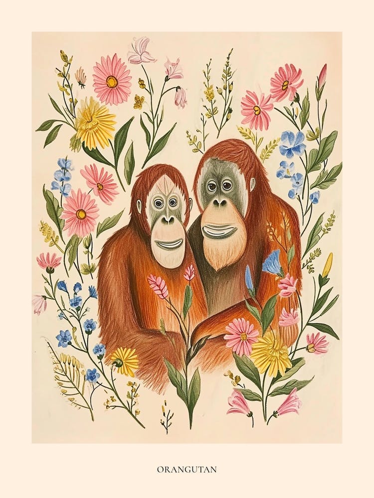 Folksy Floral Animal Drawing Orangutan 4 Poster