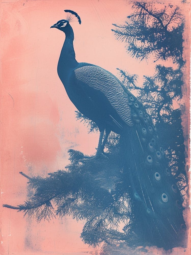 Pink & Blue Peacock Portrait Cyanotype Style   2