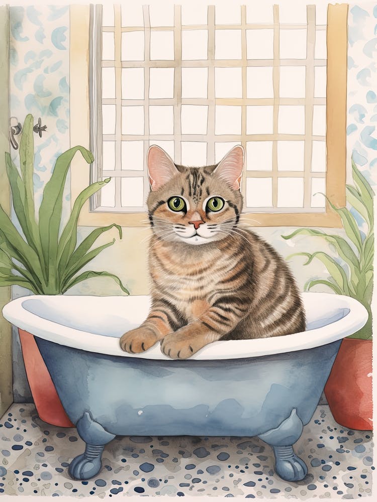 Egyptian Mau Cat In Bathtub Botanical Bathroom 3