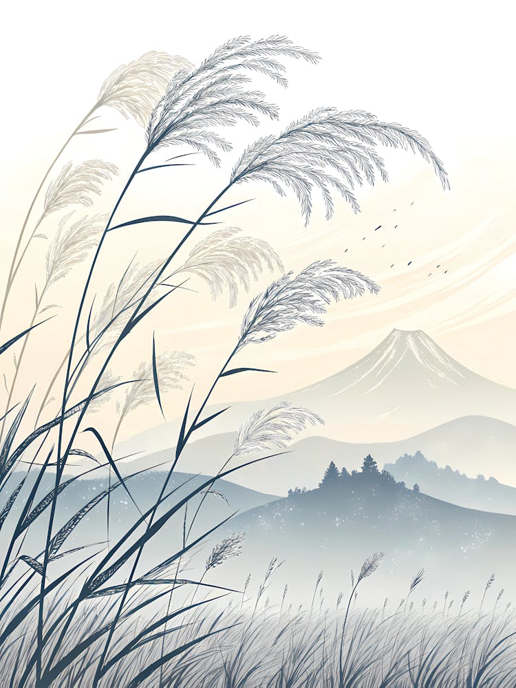 Minimalist Ink Sketch Of Windswept Grasses Of Th