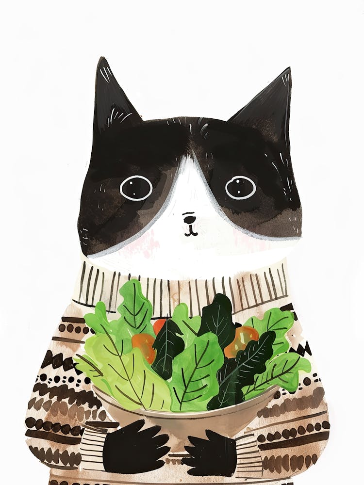 Black And White Cat Eating Salad Folk Illustration 4
