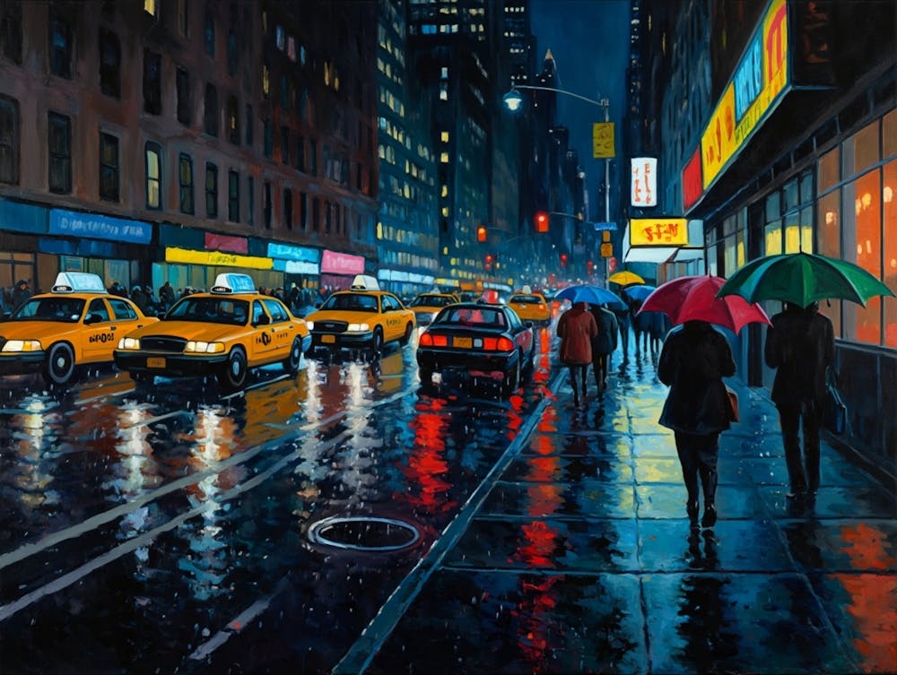Rainy Night NYC Wall Art, Colorful Street Scene Canvas, Yellow Taxi Urban Decor, City Lights Reflection Print